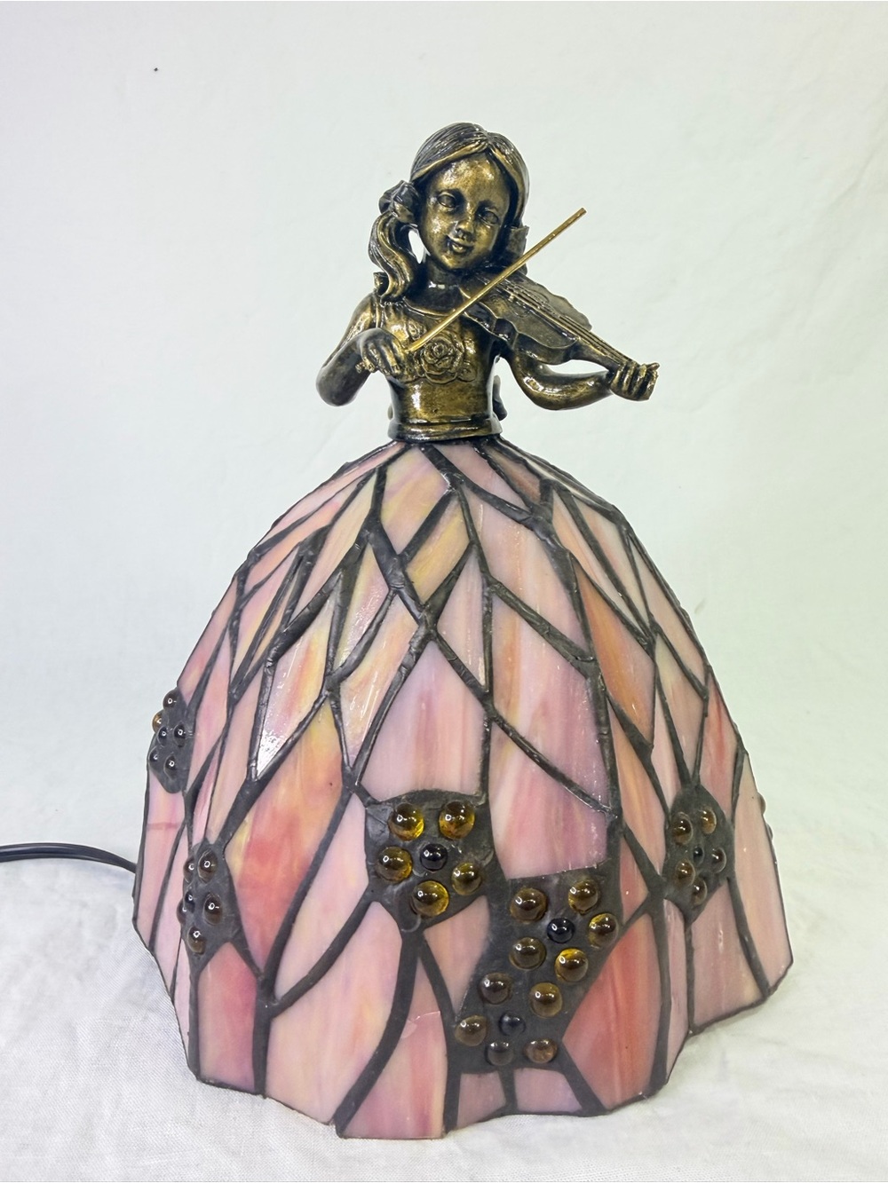 Vintage Tiffany Style Ballerina Violin Girl Stained Glass Accent Lamp Pink